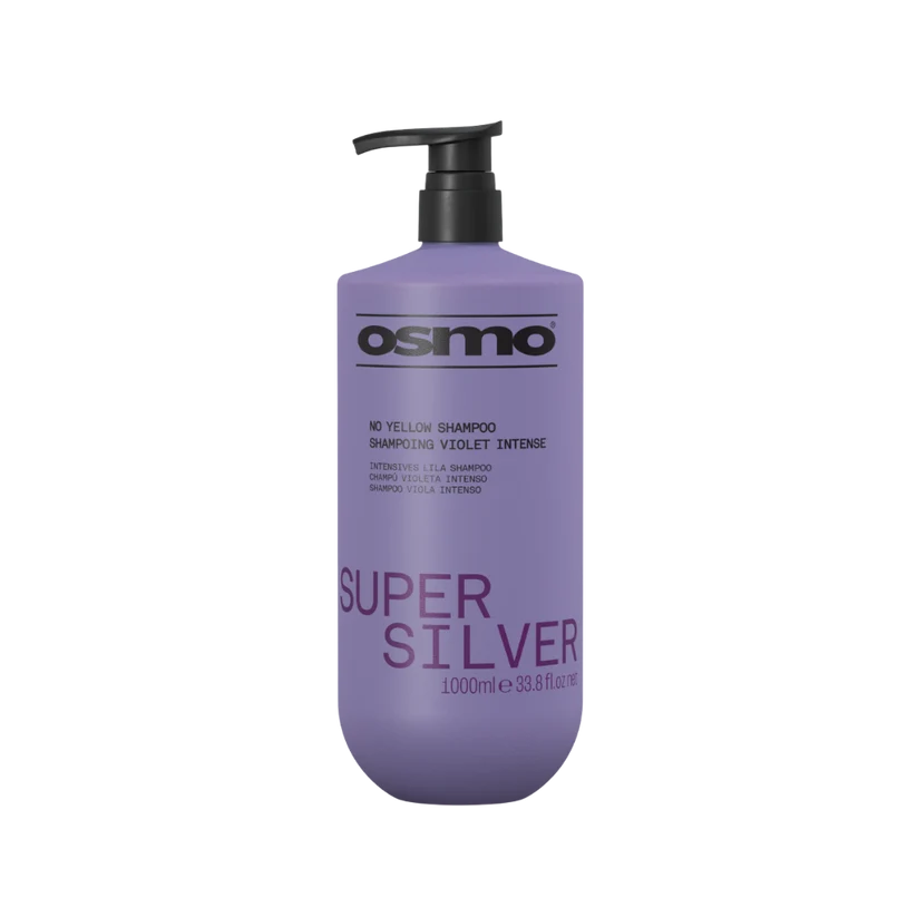 Purple shampoo bottle with black pump labeled 'Osmo Super Silver' on a white background