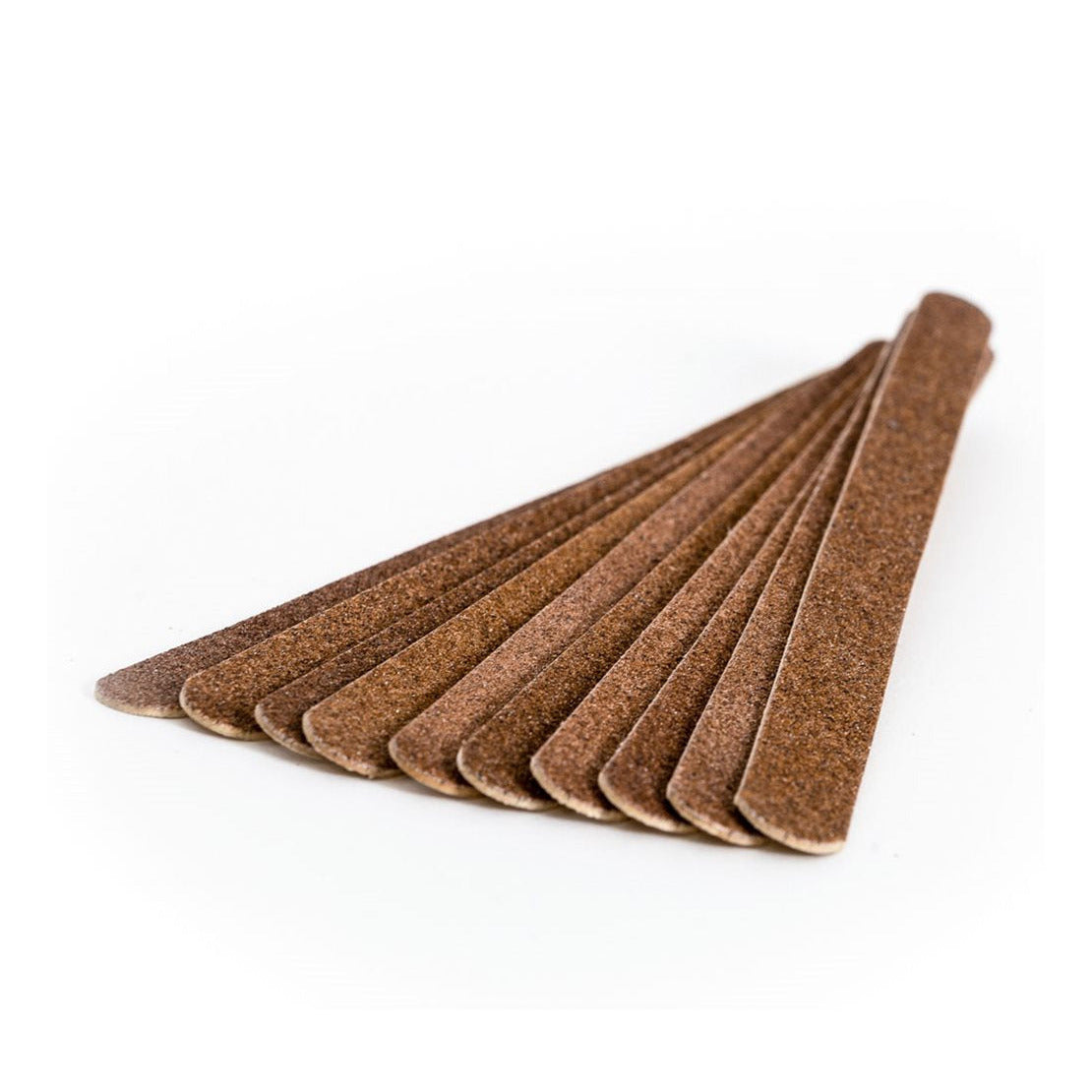 A pack of 10 brown nail emery boards fanned out on a white background.