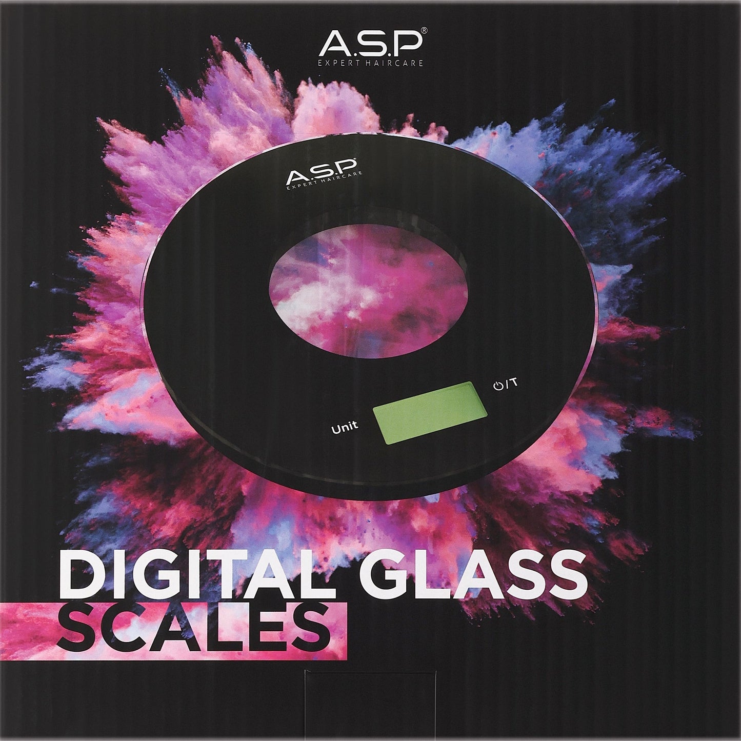 Digital glass scales with colorful background and ASP branding