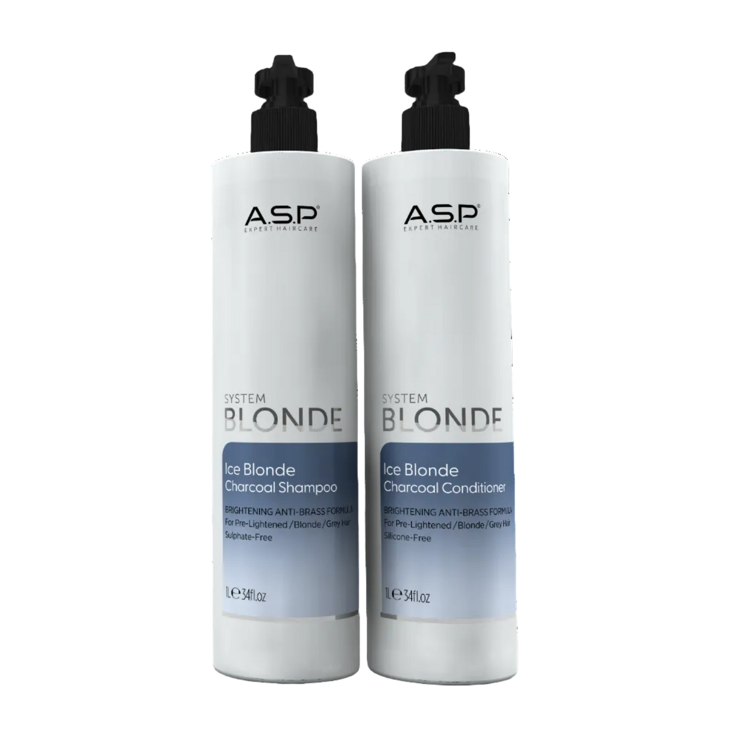 Two bottles of ASP System Blonde Ice Blonde Charcoal Shampoo and Conditioner on a white background