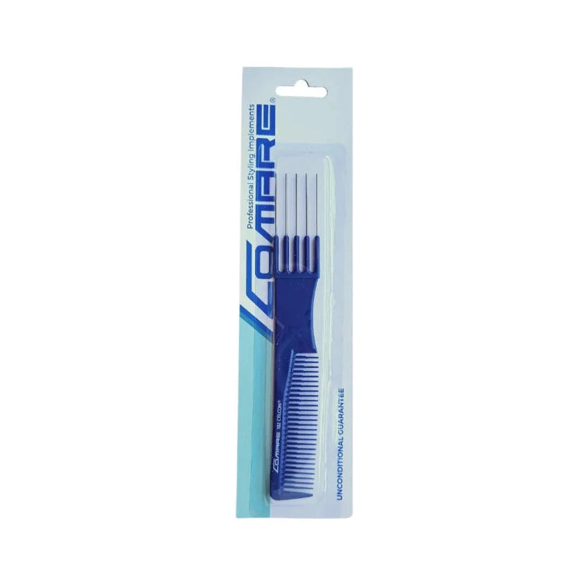 A blue plastic hair comb with white teeth, packaged in a clear blister pack with a white and blue cardboard backing. The brand name 'COMBARE' is printed vertically on the packaging.
