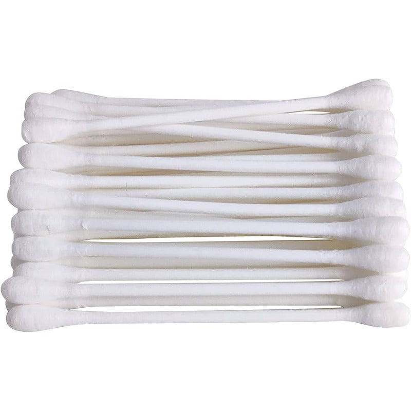 A pack of white cotton buds with paper stems.