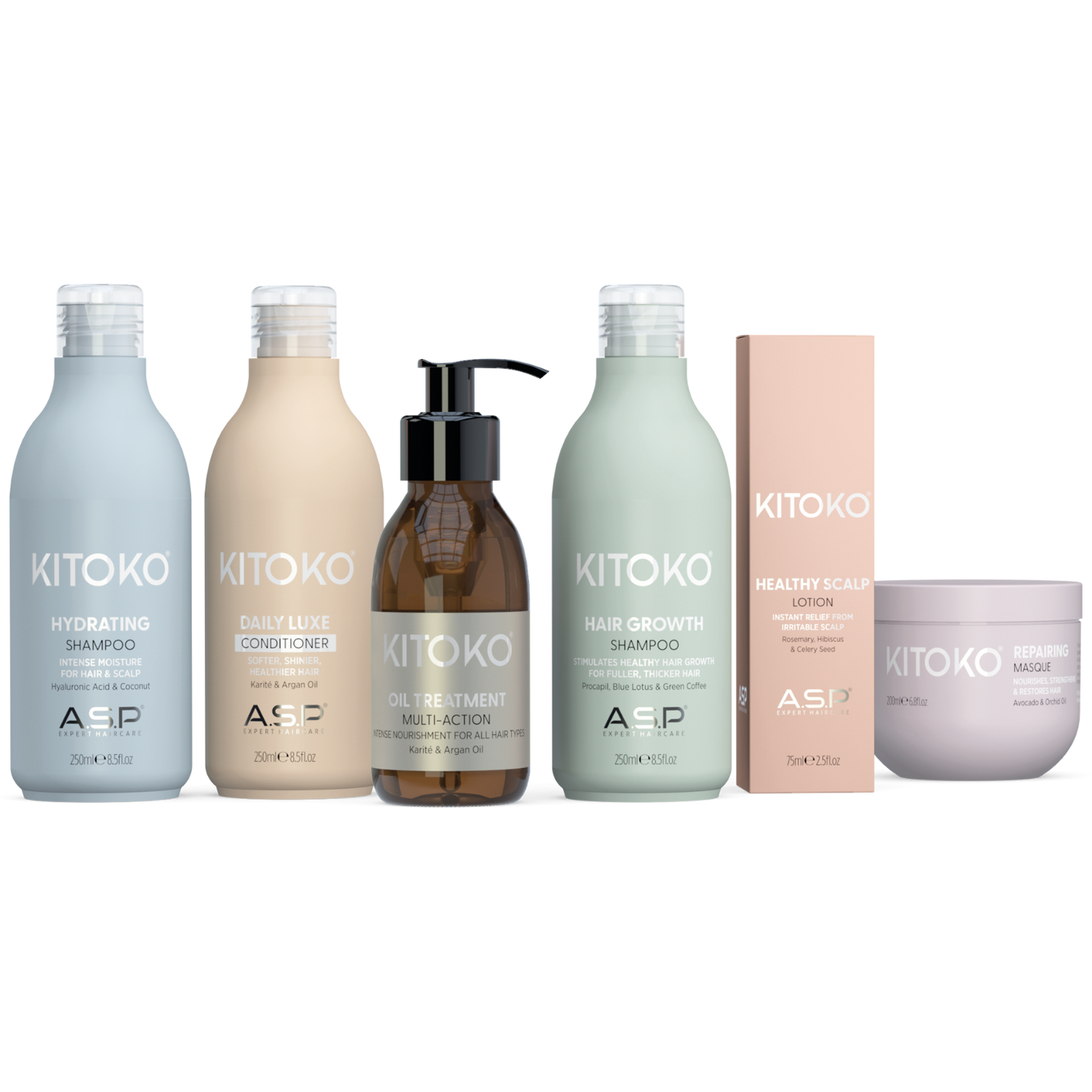 KITOKO hair care product set including shampoo, conditioner, treatment, and mask on a white background