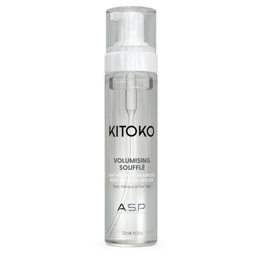 KITOKO Volumising Souffle hair volume spray in a clear cylindrical pump bottle with a white pump dispenser, shown on a plain white background.