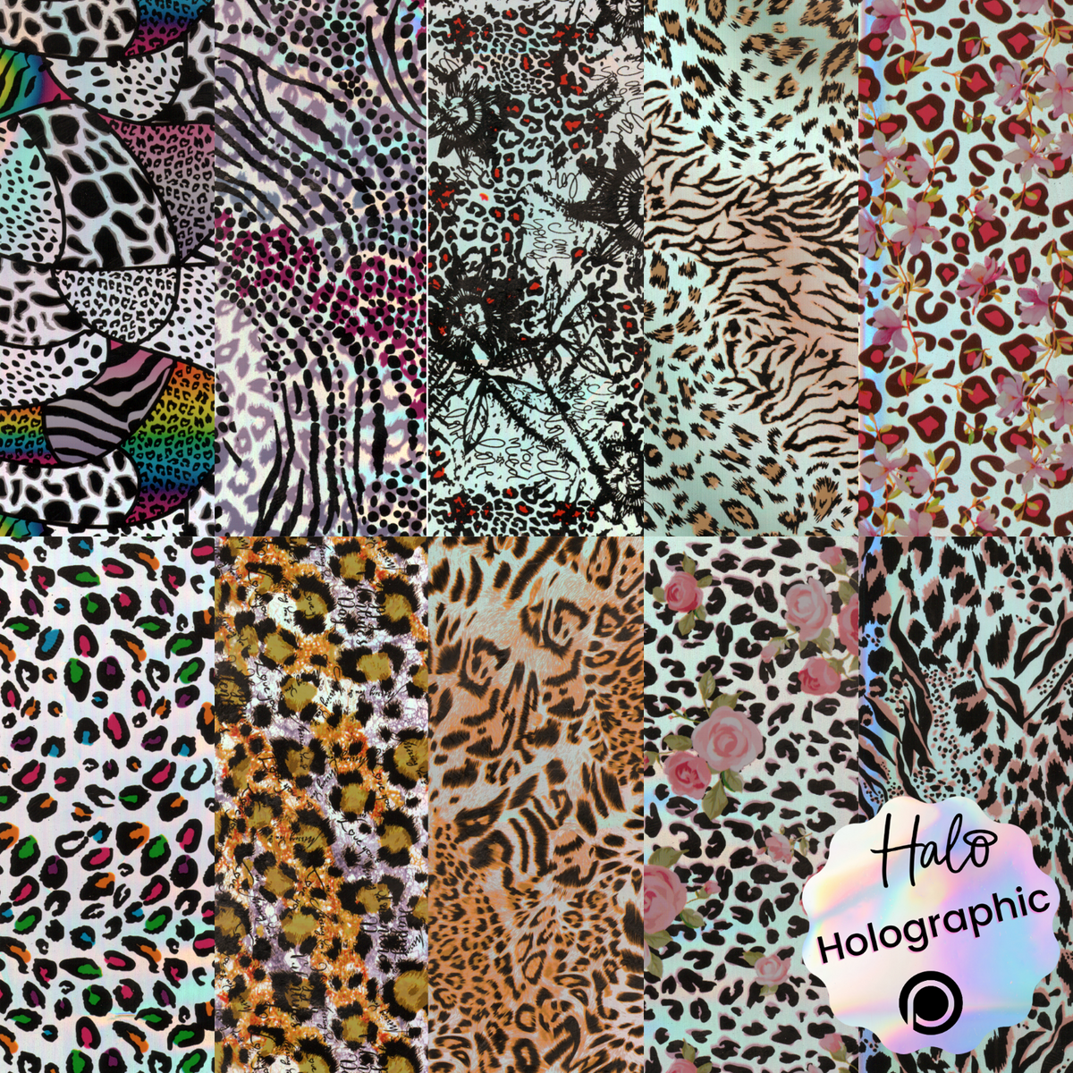 A collection of nail art foils with various animal print designs, including leopard and zebra patterns, and texturaed foils with metallic and holographic finishes.