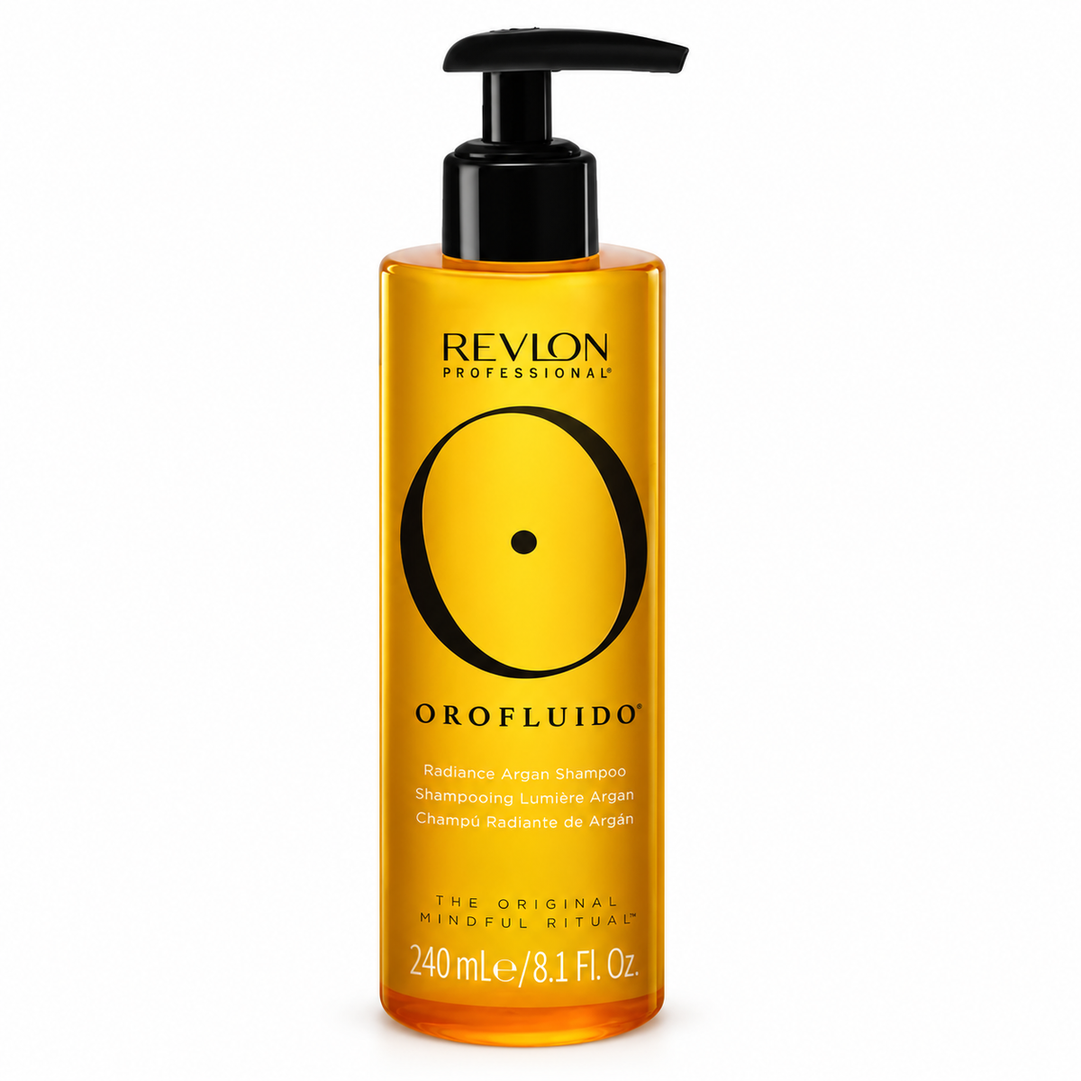 A bottle of Revlon Professionals Orofluido Shine Radiance Argan Shampoo, featuring a translucent amber-orange bottle with a black pump dispenser and a bold black circular logo on the front.