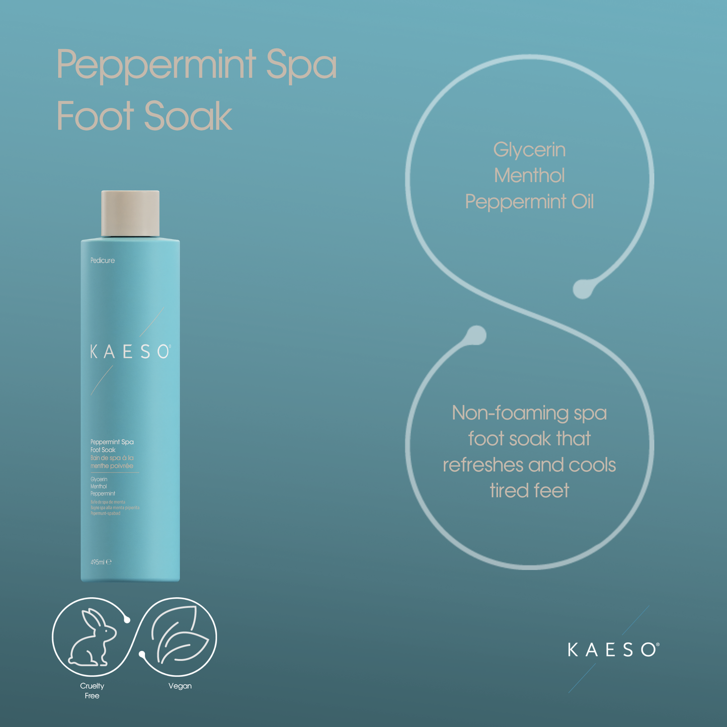 KAESO Peppermint Spa Foot Soak bottle in a light blue color with a beige cap, set against a matching teal-blue background with descriptive text and icons highlighting its ingredients and benefits.