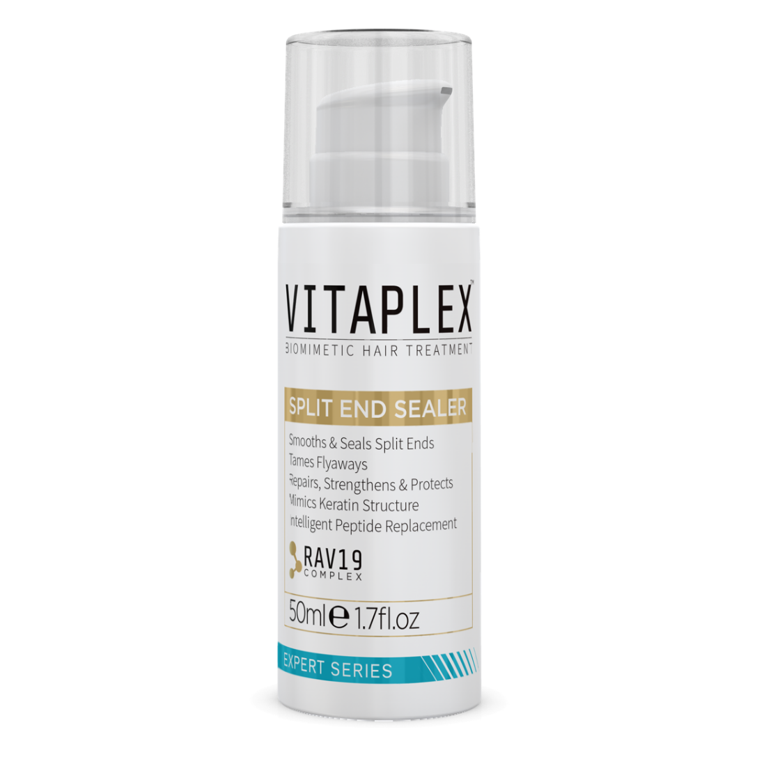 A bottle of Vitaplex Split End Sealer, primarily designed to smooth and seal split ends of hair.