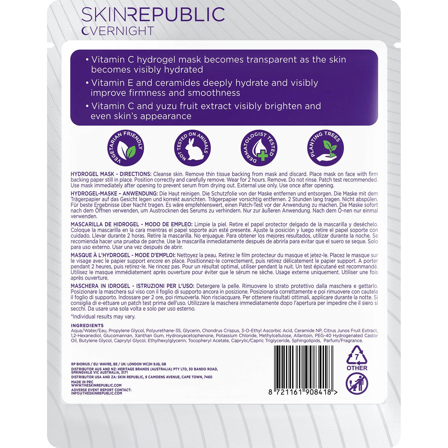 Back of a Skin Republic overnight vitamin C hydrogel mask packaging with text and icons.
