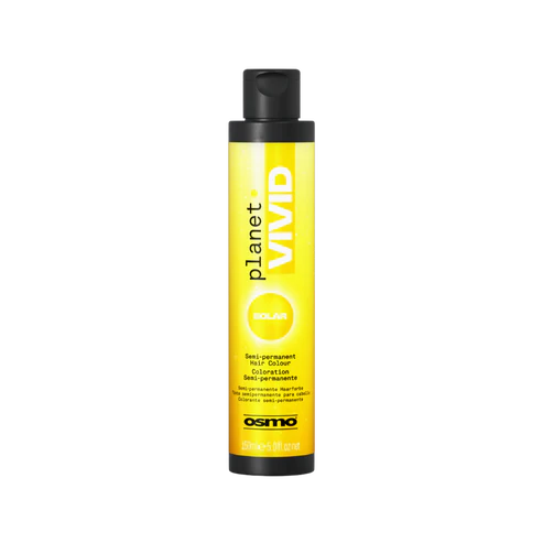 Yellow bottle of Osmo Planet Vivid hair product on a white background