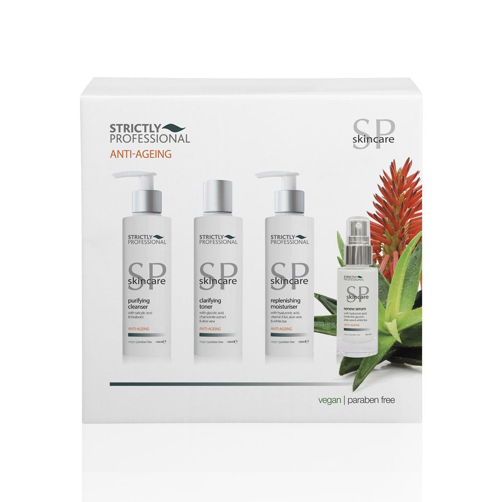 A product image featuring a facial kit by Strictly Professional with four items including Purifying Cleanser, Clarifying Toner, Replenishing Moisturiser, and Renew Serum, packaged in a box with a green plant background.