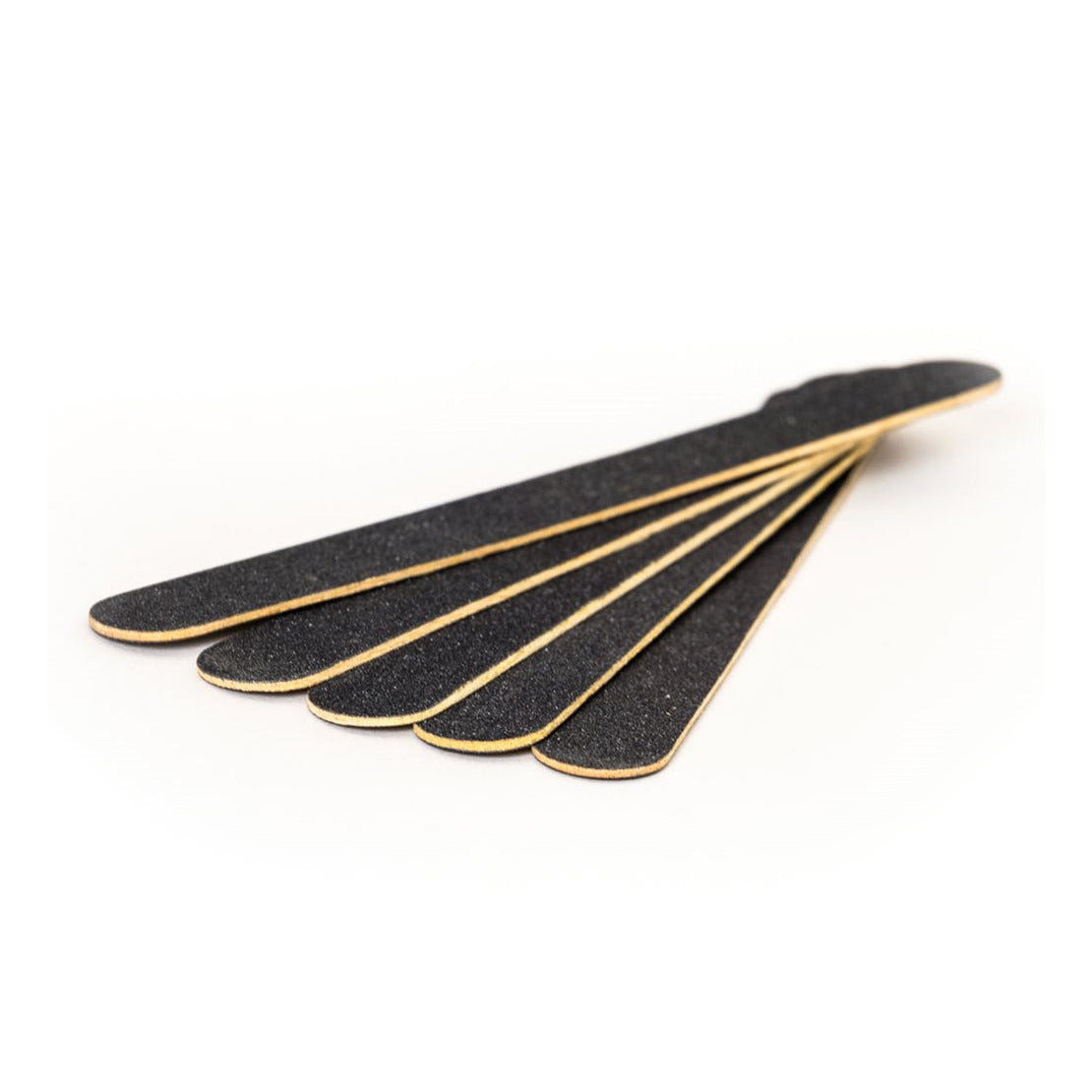 A pack of five black carbide emery boards with a gold trim, arranged parallel to each other on a white background.