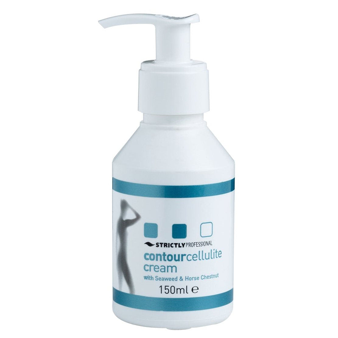 A bottle of Strictly Professional Contour Cellulite Cream with a pump dispenser, labeled 150ml.