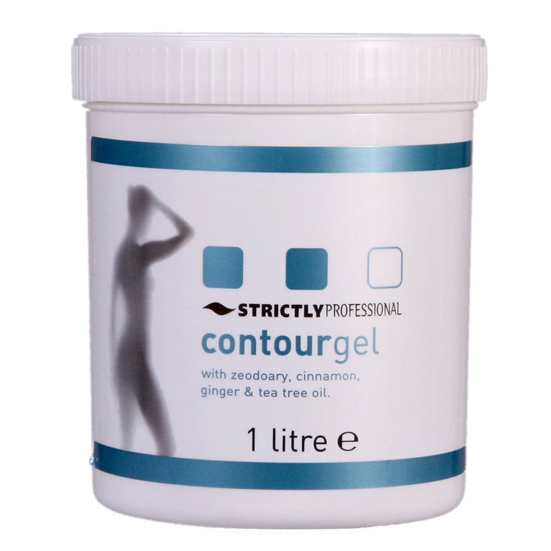 A container of Strictly Professional Contour Gel, with a label showing the product name and a silhouette of a body figure. The container is white with blue and black text and blue decorative elements.