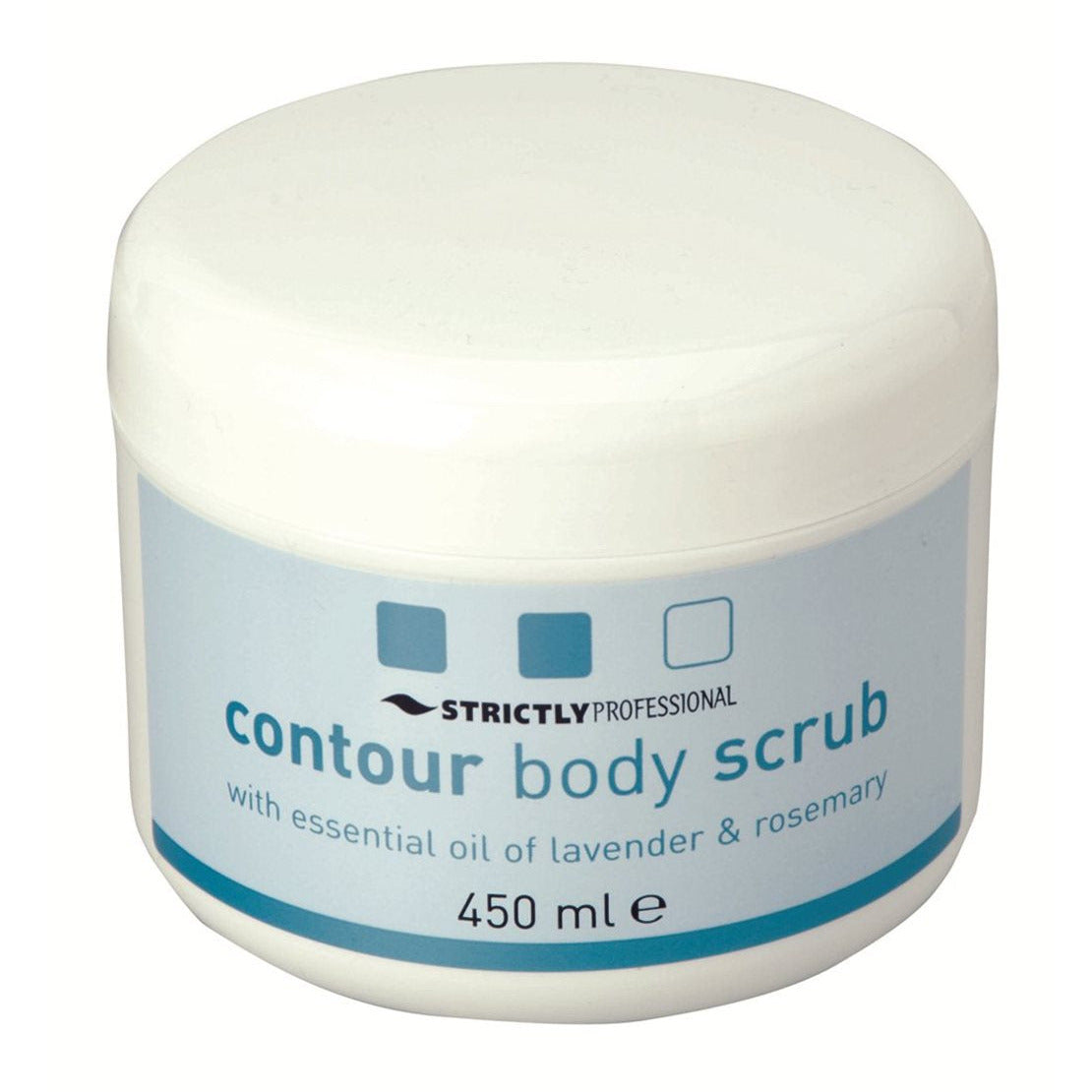 A container of Strictly Professional Contour Body Scrub with essential oils of lavender and rosemary, with a capacity of 450ml.