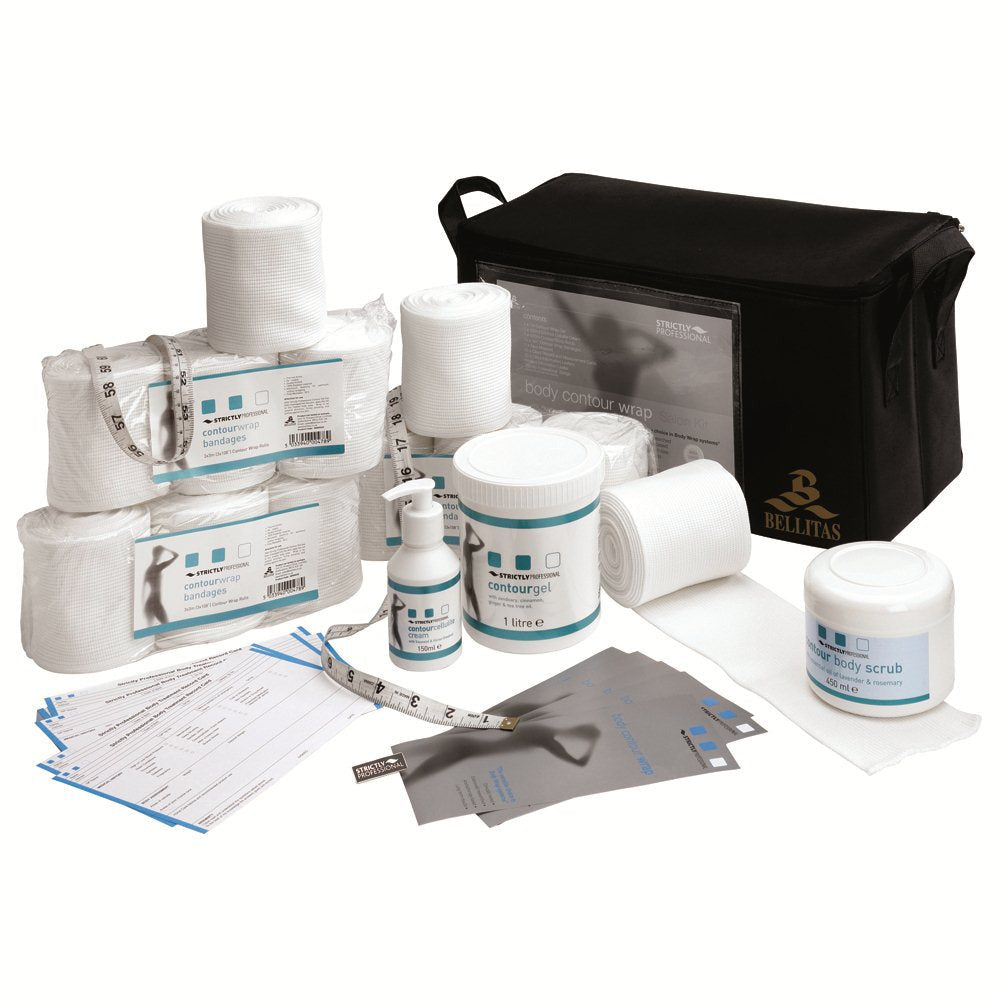 A collection of professional body contouring products including gel, bandages, cream, scrub, tape measure, and client record cards, displayed with a black carrying case.