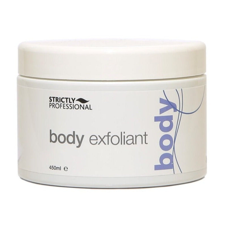 A container of Strictly Professional Body Exfoliant in a 450ml size, primarily in white with blue text and design accents.