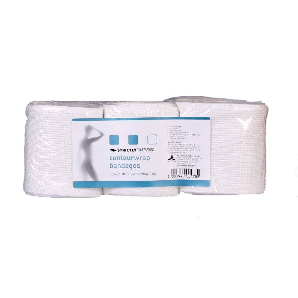 Pack of Strictly Professional body wrap bandages, showing three rolls of white bandages with product information and branding visible.