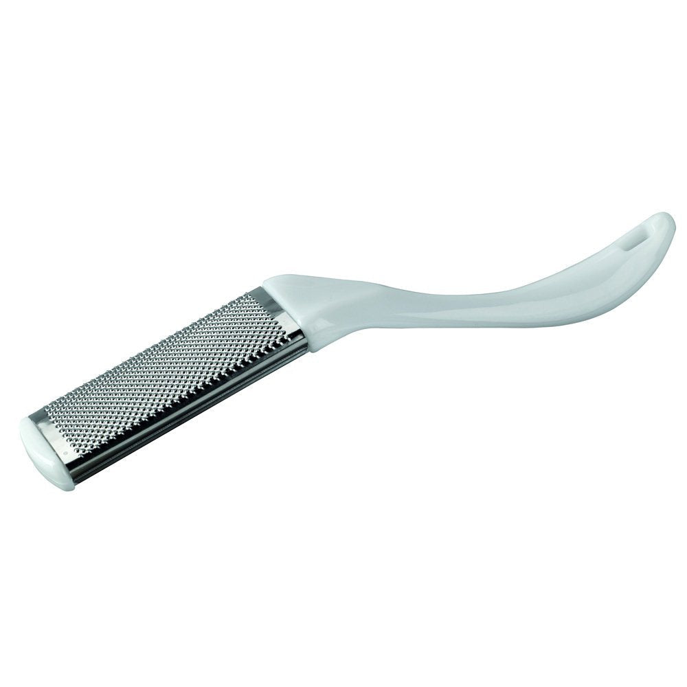 A foot file with a metal surface and a white plastic handle designed for removing calluses and dry skin.