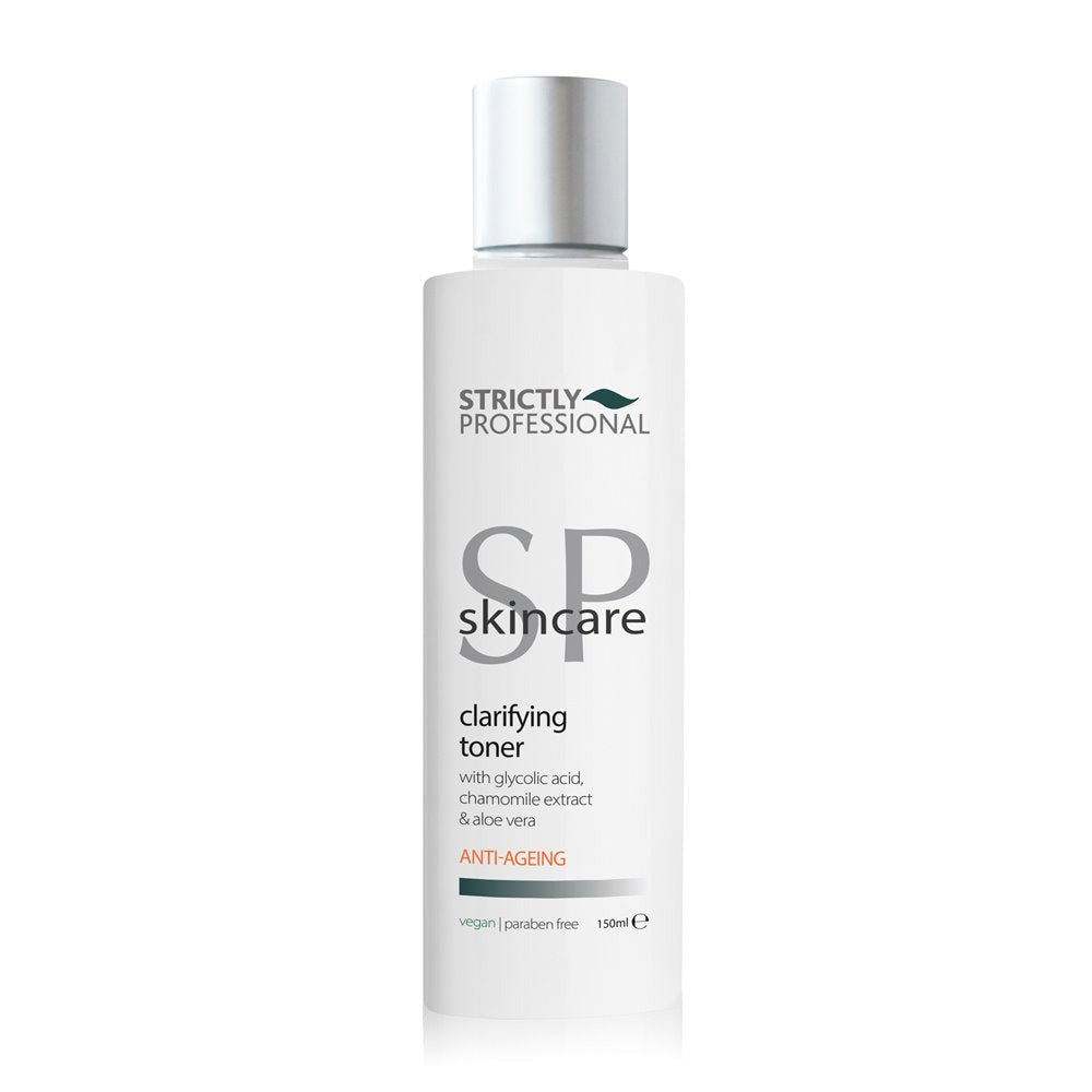 A bottle of Strictly Professional Anti-Age Clarifying Toner 150ml, with a white label and cap, designed for facial use.