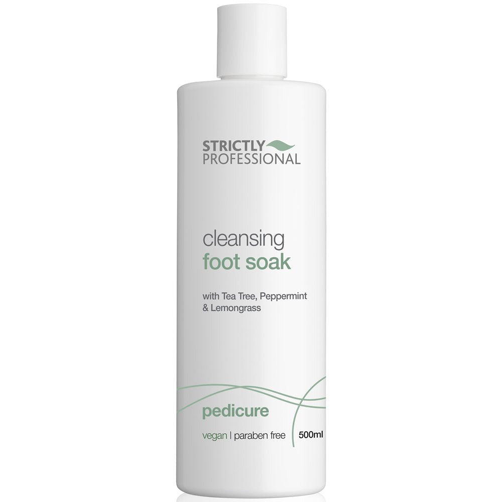 A bottle of Strictly Professional foot soak with the text 'cleaning foot soak with Tea Tree, Peppermint & Lemongrass' on the label.