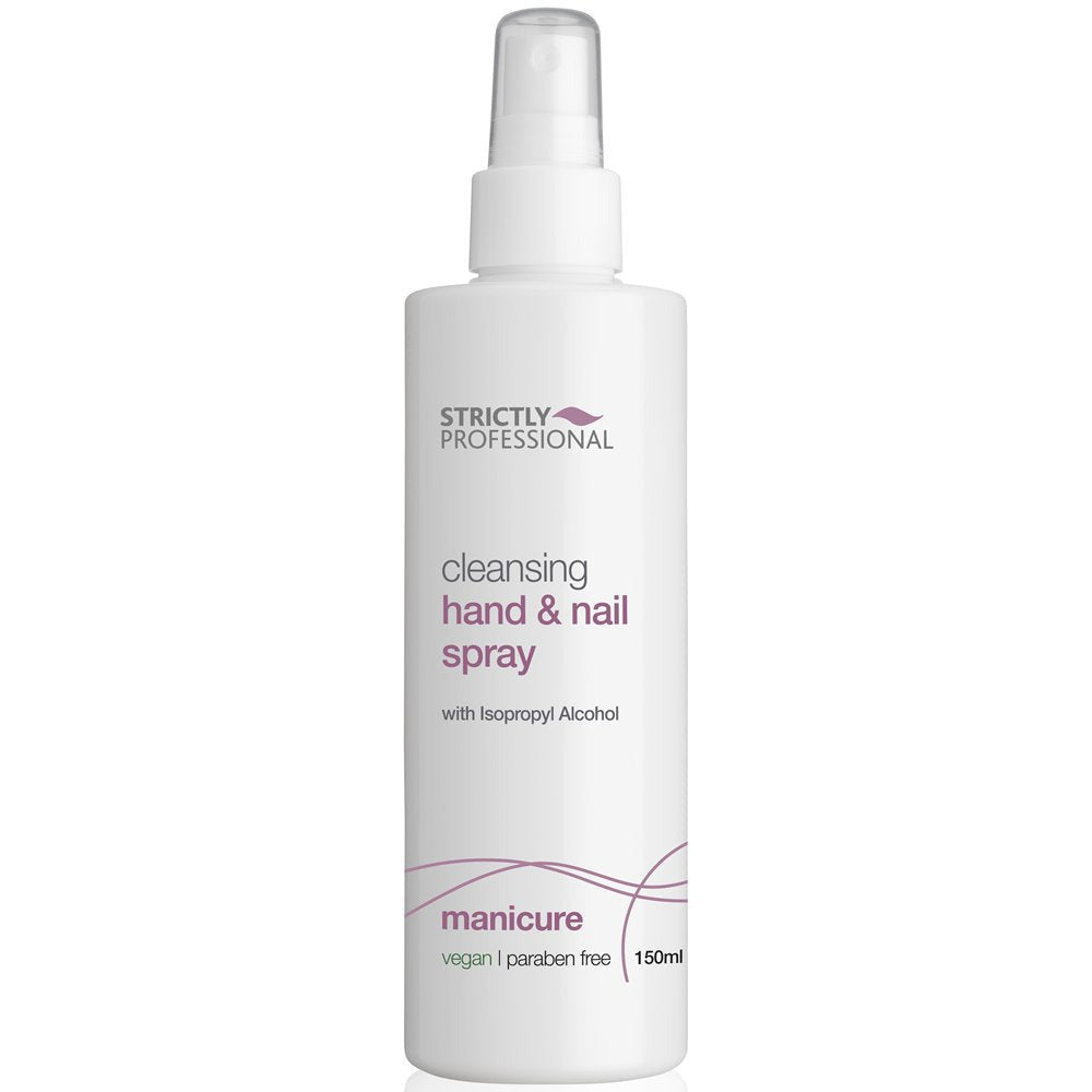 A bottle of Strictly Professional hand and nail spray with a white spray nozzle.