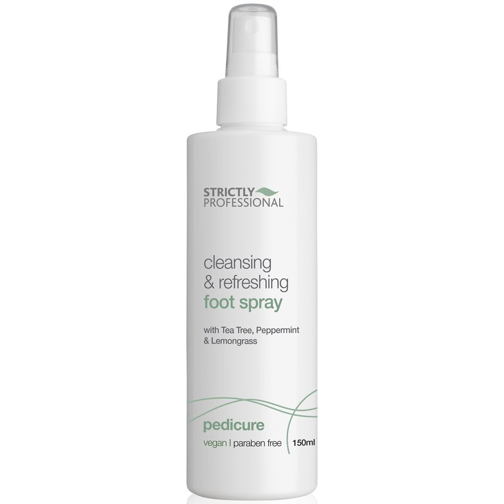 A bottle of Strictly Professional foot spray with a white spray nozzle, labeled for cleansing and refreshing feet, 150ml.