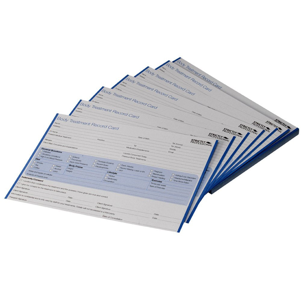 A stack of white record cards with blue text, designed for body treatment recording, including spaces for measurements and diagrams.