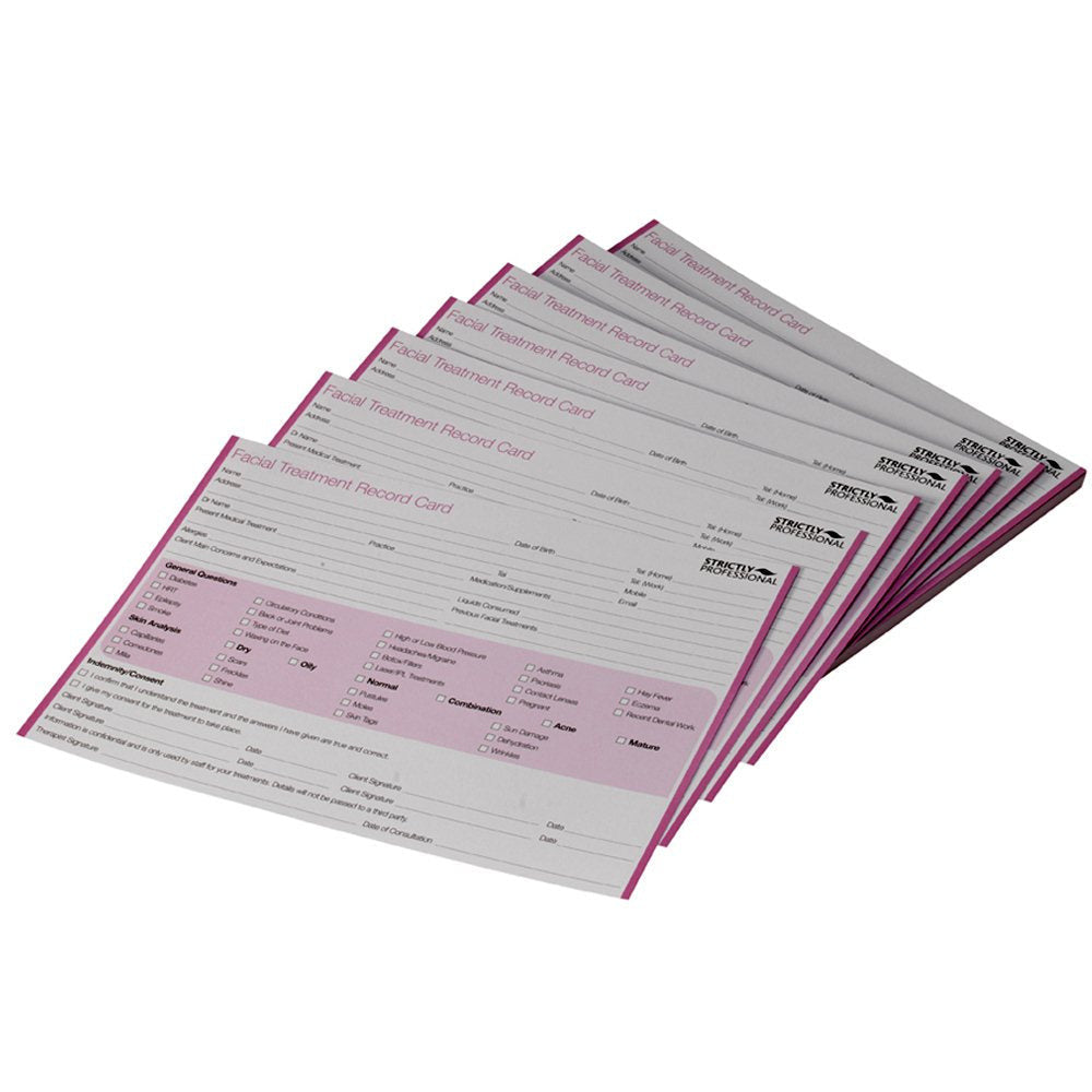 A stack of pink facial treatment record cards with printed text and spaces for filling in patient information.