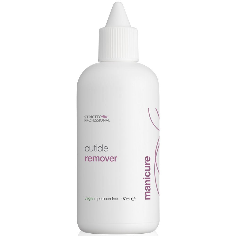 A bottle of Strictly Professional Cuticle Remover with a dropper nozzle.
