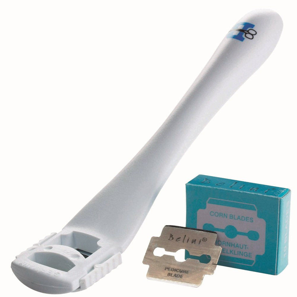 A plastic handle credo cutter with a pack of 10 blades, typically used for removing hard skin from the feet.