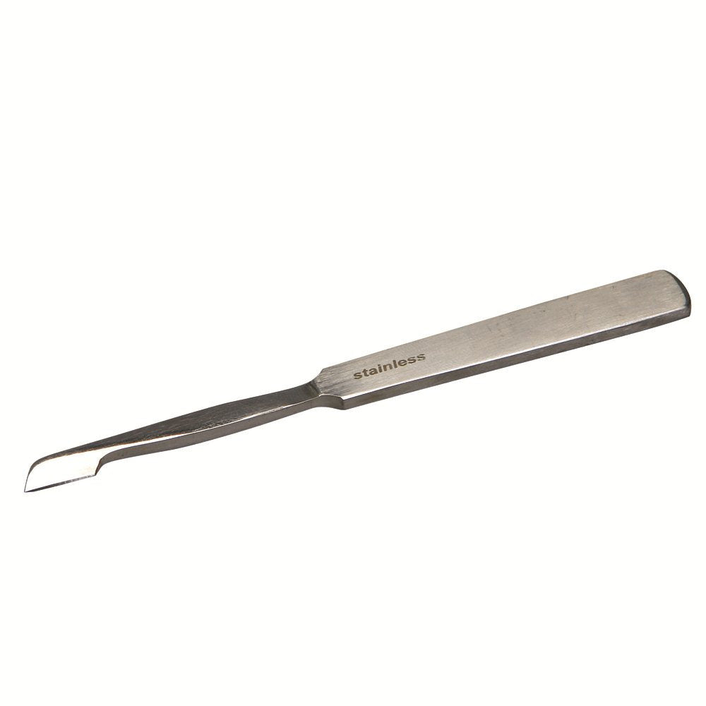 A stainless steel cuticle knife with a V-shaped blade, designed for precise cuticle removal.