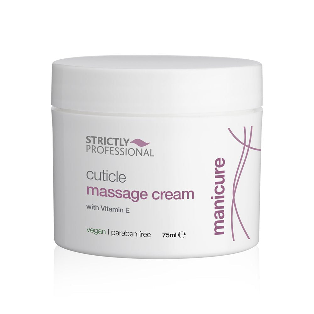 A jar of Strictly Professional Cuticle Massage Cream with the label showing the brand name, product name, and the text 'vegan. paraben free'.
