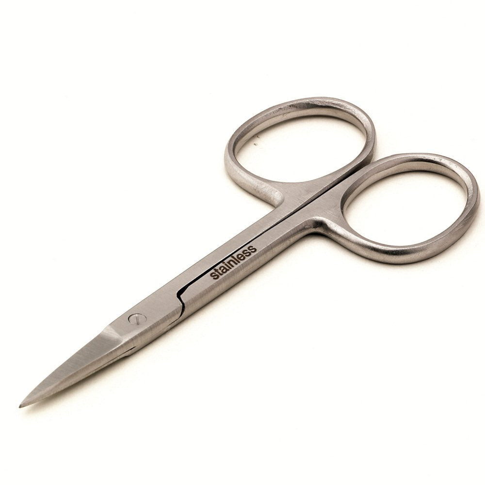 A pair of professional-grade stainless steel cuticle scissors with a straight blade.