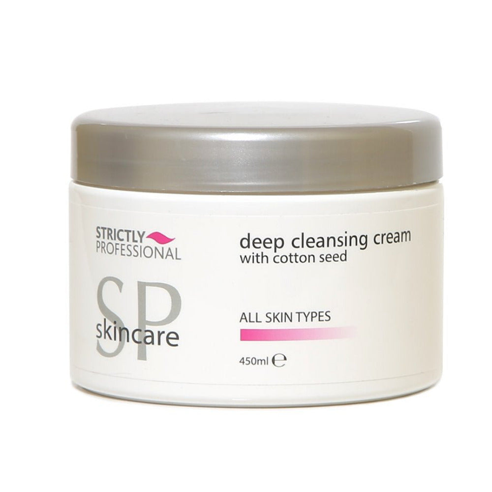 A jar of Strictly Professional Deep Cleansing Cream with cotton seed extract, suitable for all skin types, in a white container with a gray lid.