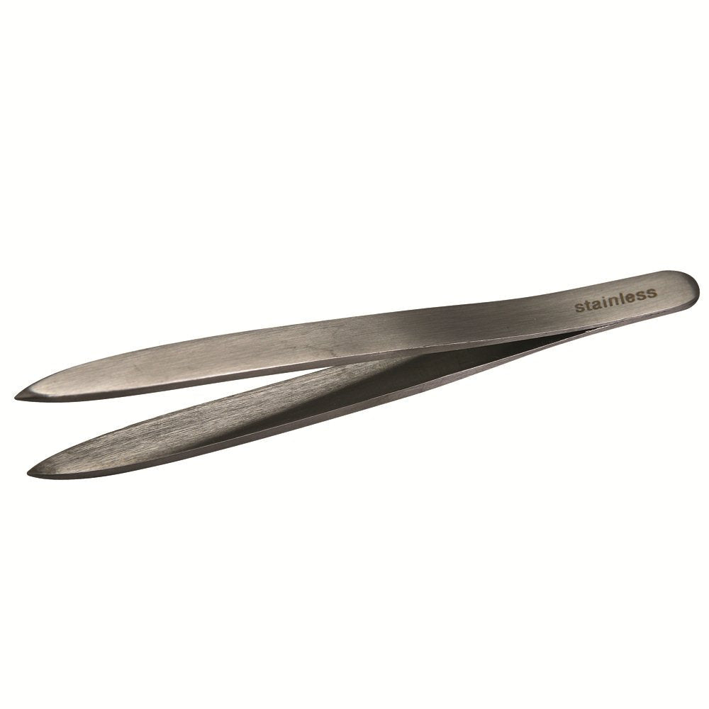 A pair of pointed stainless steel tweezers designed for electrolysis treatments.