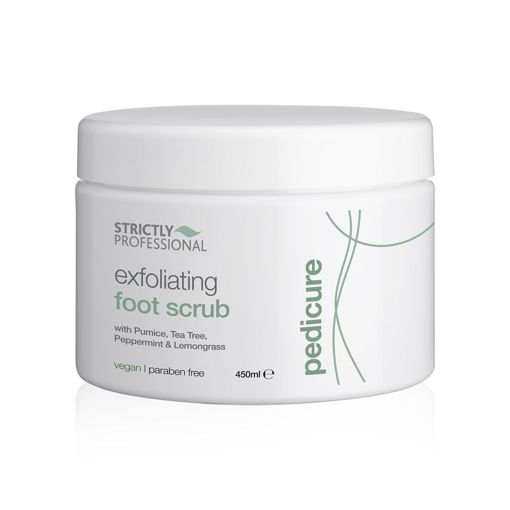A tube of Strictly Professional exfoliating foot scrub with product details and ingredients listed on the label.