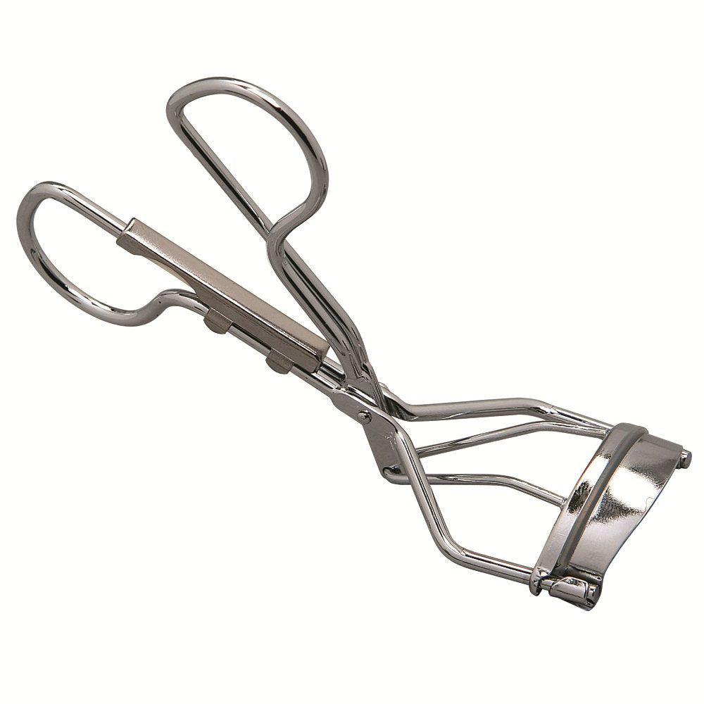 A chrome eyelash curler with thick rounded silicone pads, designed for creating intense curl without creasing lashes.