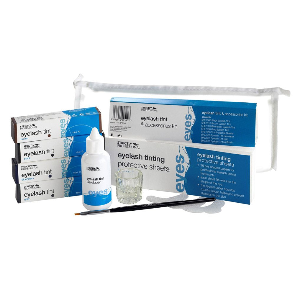 A Strictly Professional eyelash tint kit displayed with various components including multiple tint bottles, tinting brushes, and protective sheets.
