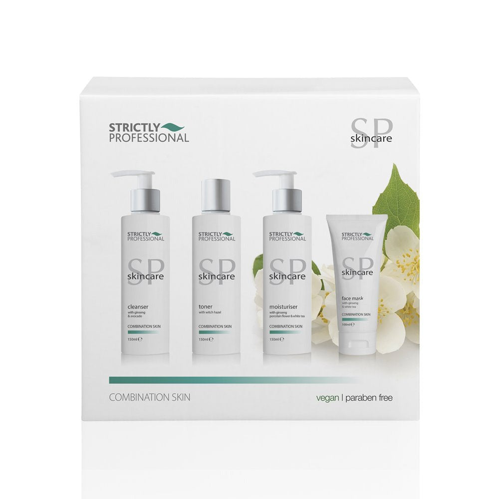 A product image featuring a Strictly Professional Combination Skin Facial Kit with four items including cleanser, toner, moisturizer, and facial mask, packaged in a box with a clear front.
