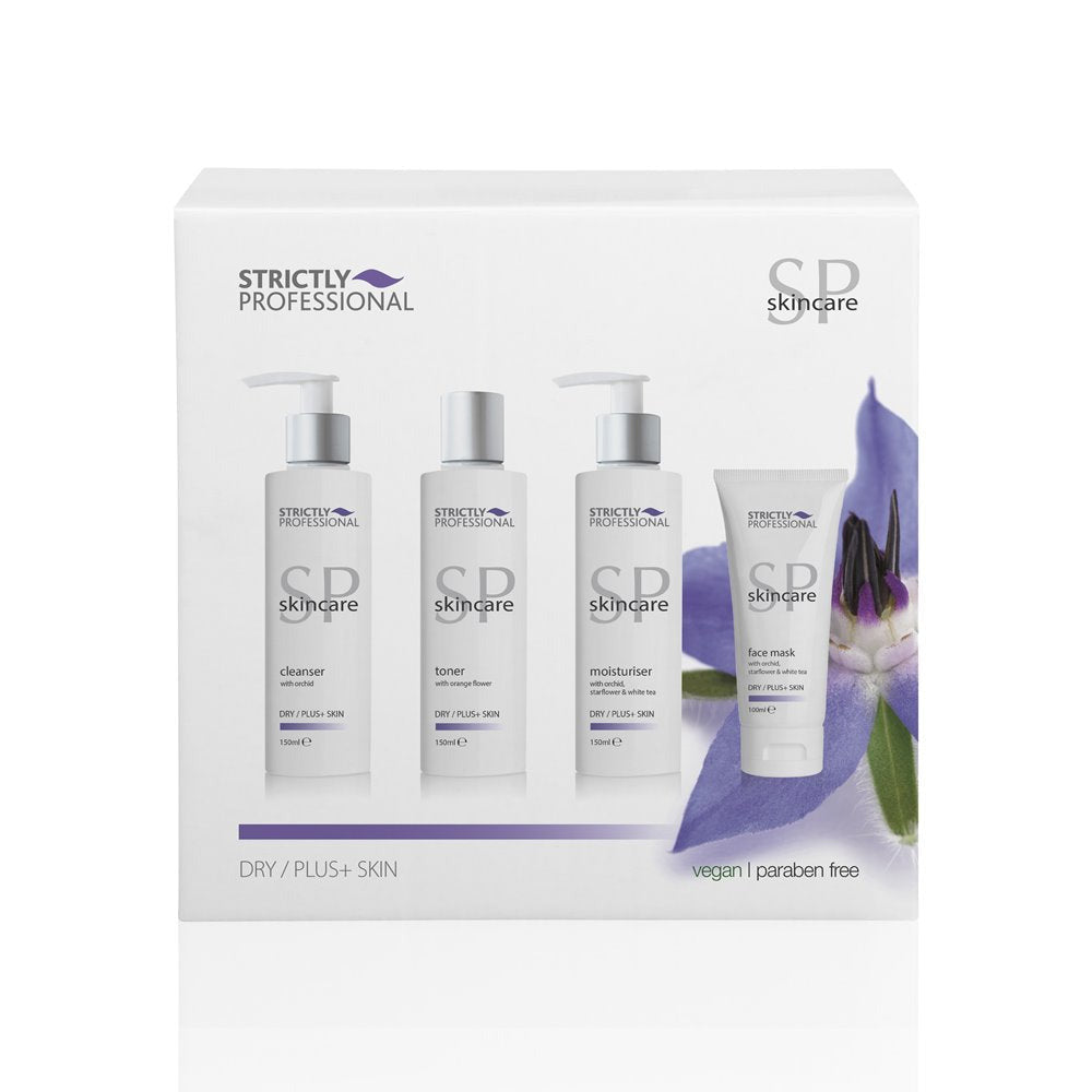 A product image featuring a Strictly Professional brand facial kit for dry skin, containing cleanser, toner, moisturizer, and facial mask in pump bottles, packaged in a white box with a purple flower illustration.