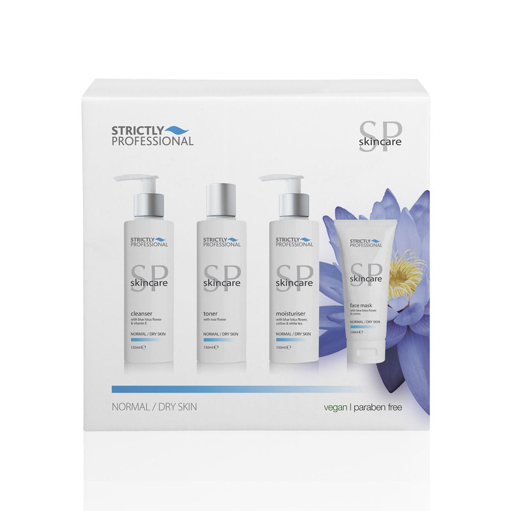 A facial kit by Strictly Professional, containing bottles of cleanser, toner, moisturizer, and a facial mask, packaged in a white box with product images and text description.