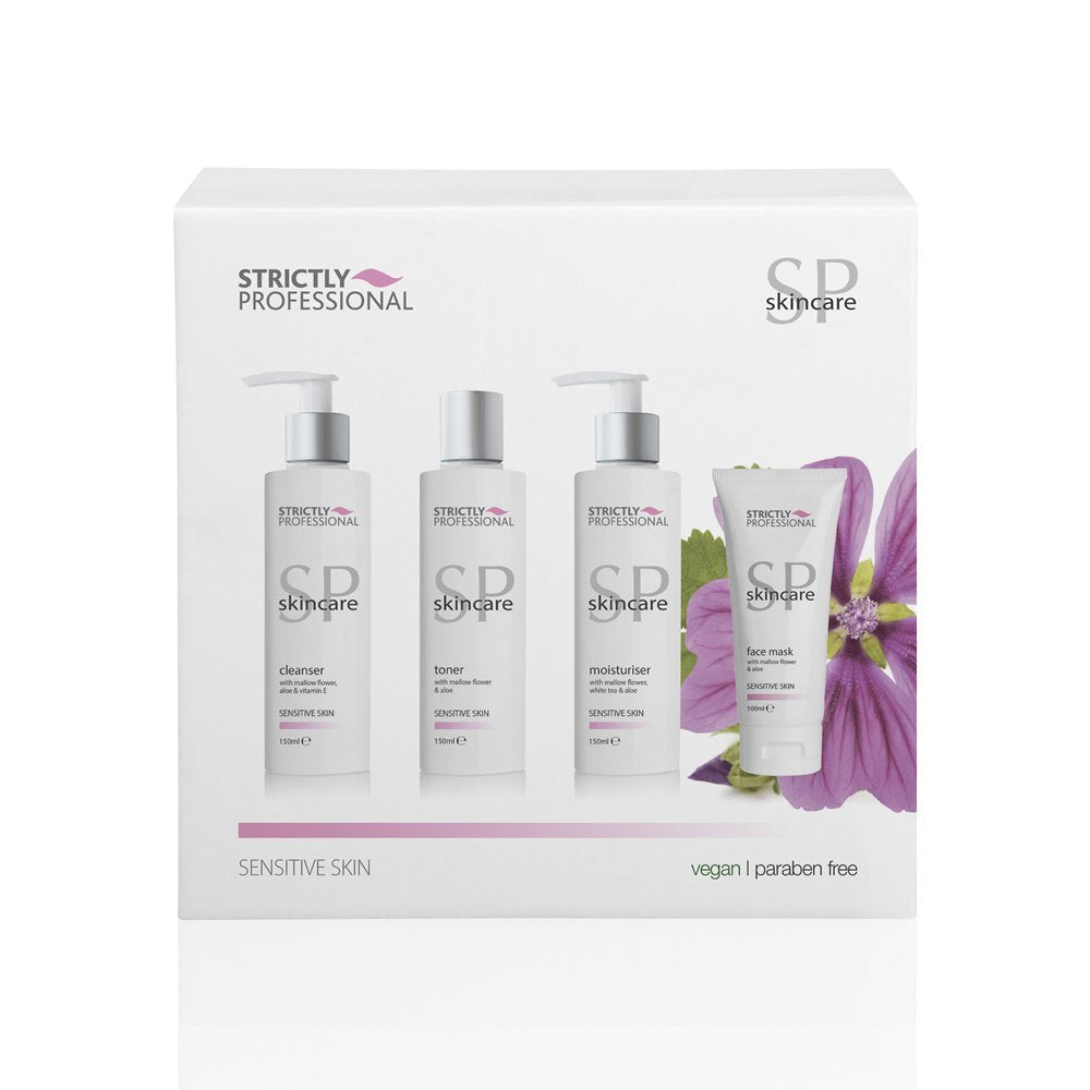 A product image featuring a Strictly Professional Sensitive Skin Facial Kit packaging with compartments for cleanser, toner, moisturizer, and facial mask.
