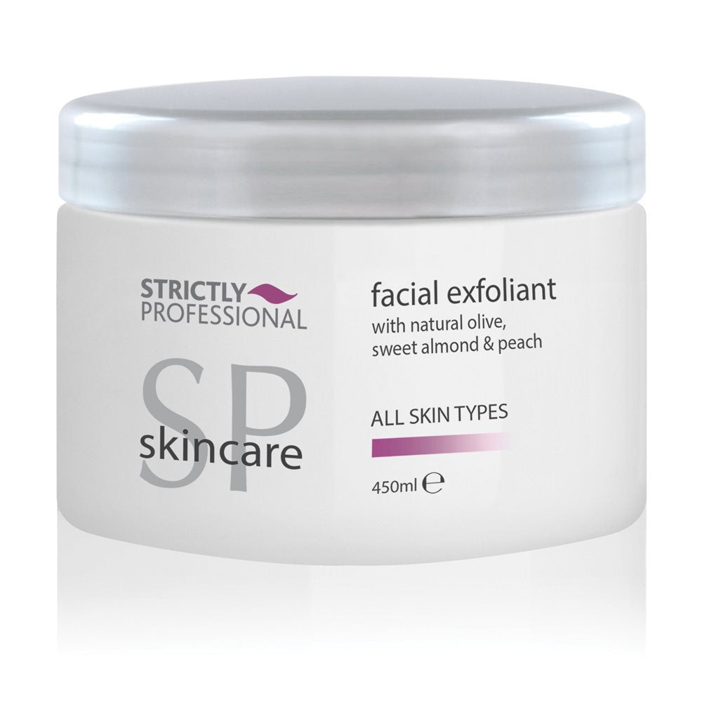 A tube of Strictly Professional brand facial exfoliant with white and peach color scheme, labeled SP Skincare.