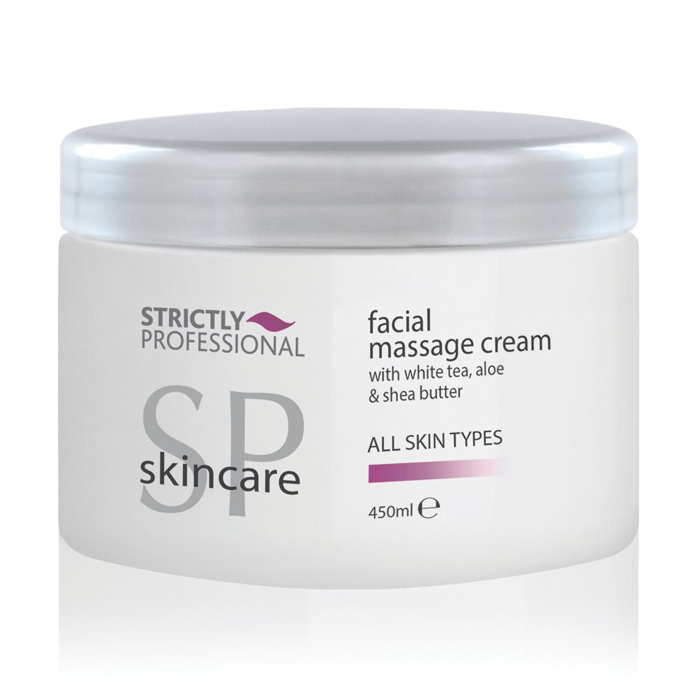 A jar of Strictly Professional Facial Massage Cream, 450ml, labeled for all skin types.