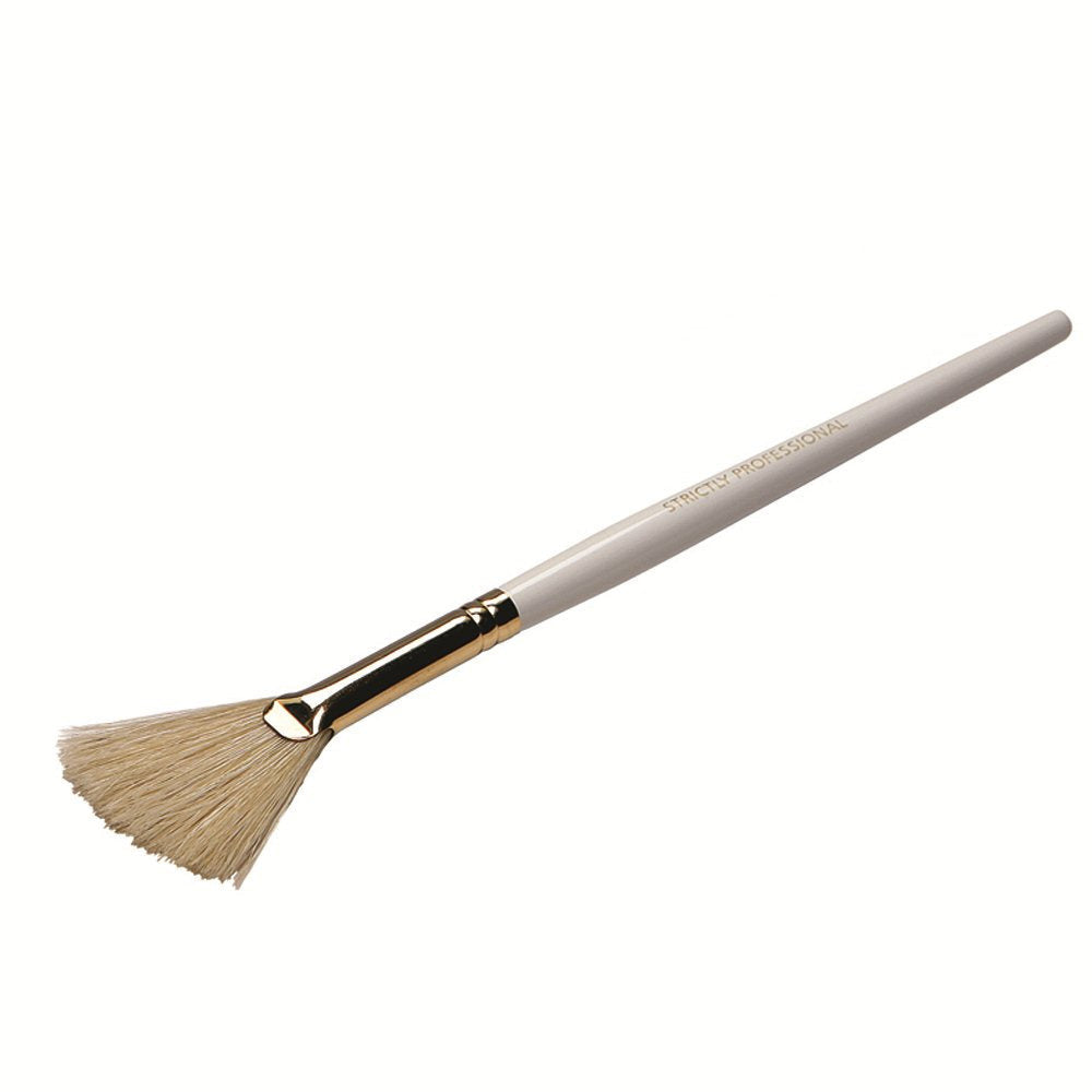 A fan-shaped mask brush with a long handle, primarily white in color with a beige fan head.