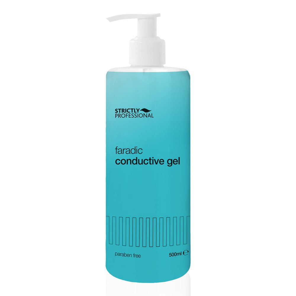 A bottle of Strictly Professional Faradic Conductive Gel, 500ml with a pump dispenser, primarily blue in color.