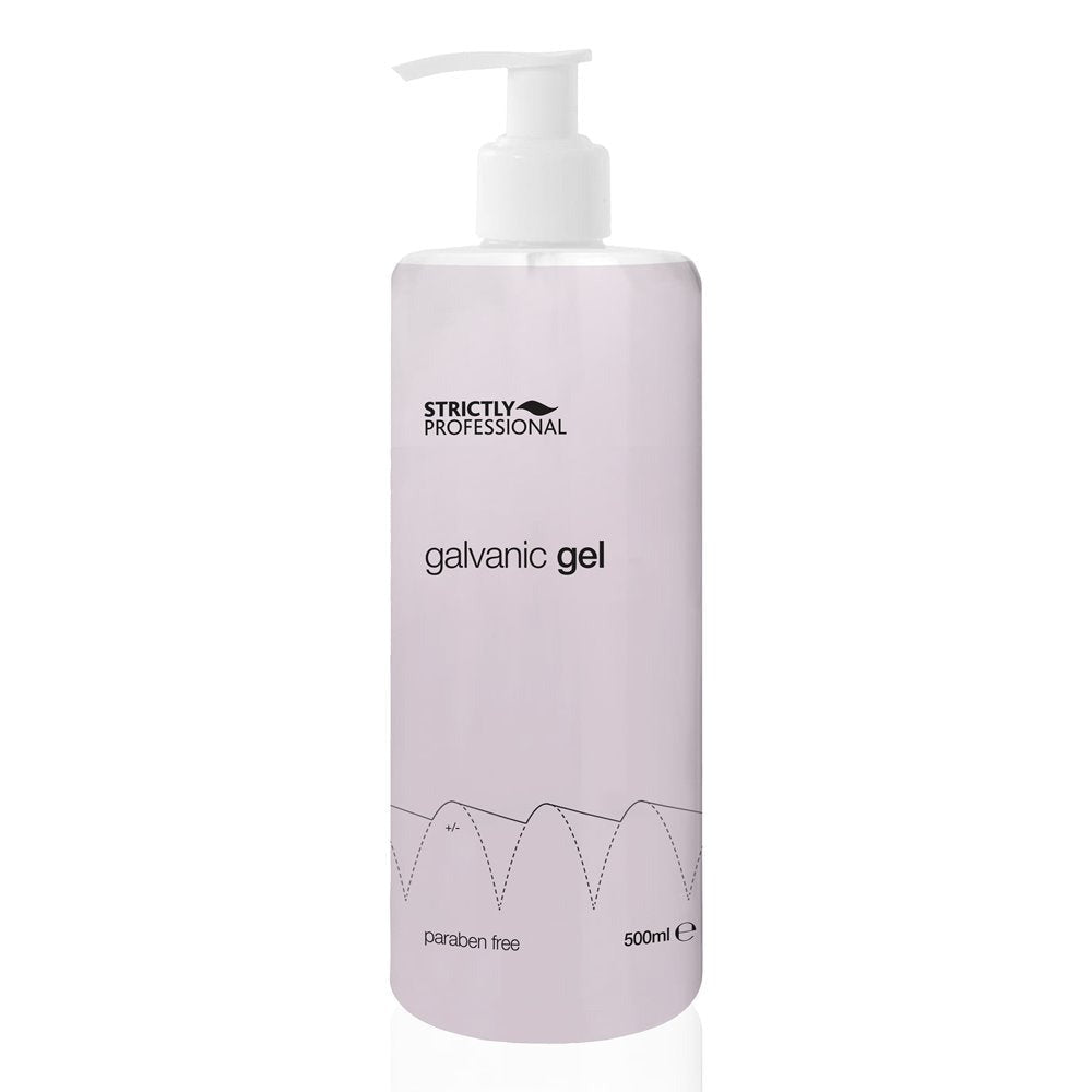 A bottle of Strictly Professional Galvanic Cellulite Gel with a pump dispenser, predominantly clear in color with a label and text detailing the product name and usage.