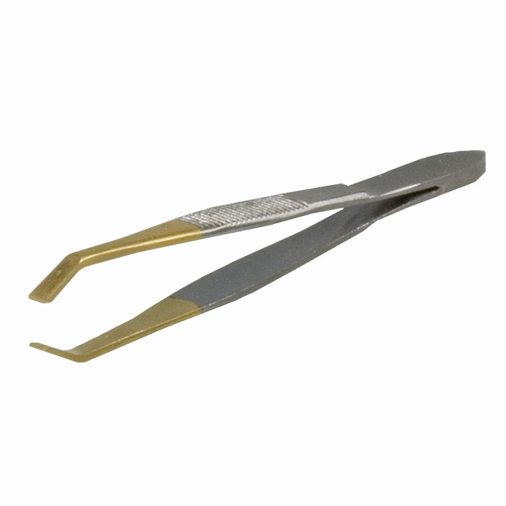 A high-quality stainless steel tweezer with gold-tipped ends.