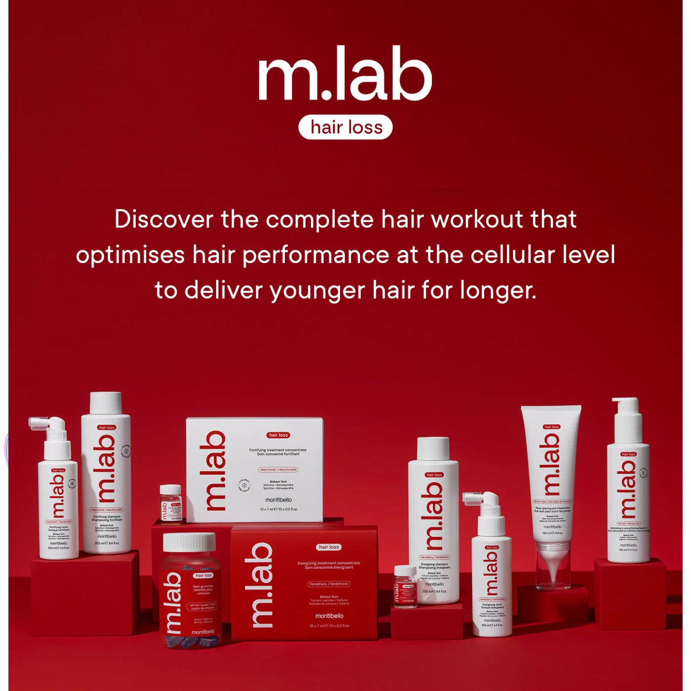 m.lab hair loss treatment products on a red background